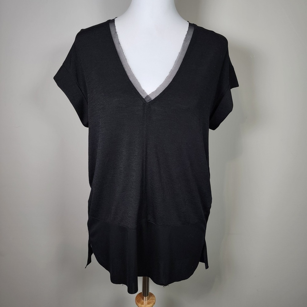 Zara Mesh Trim V-Neck Top Womens Small Black Goth Whimsigoth Witchy Basic